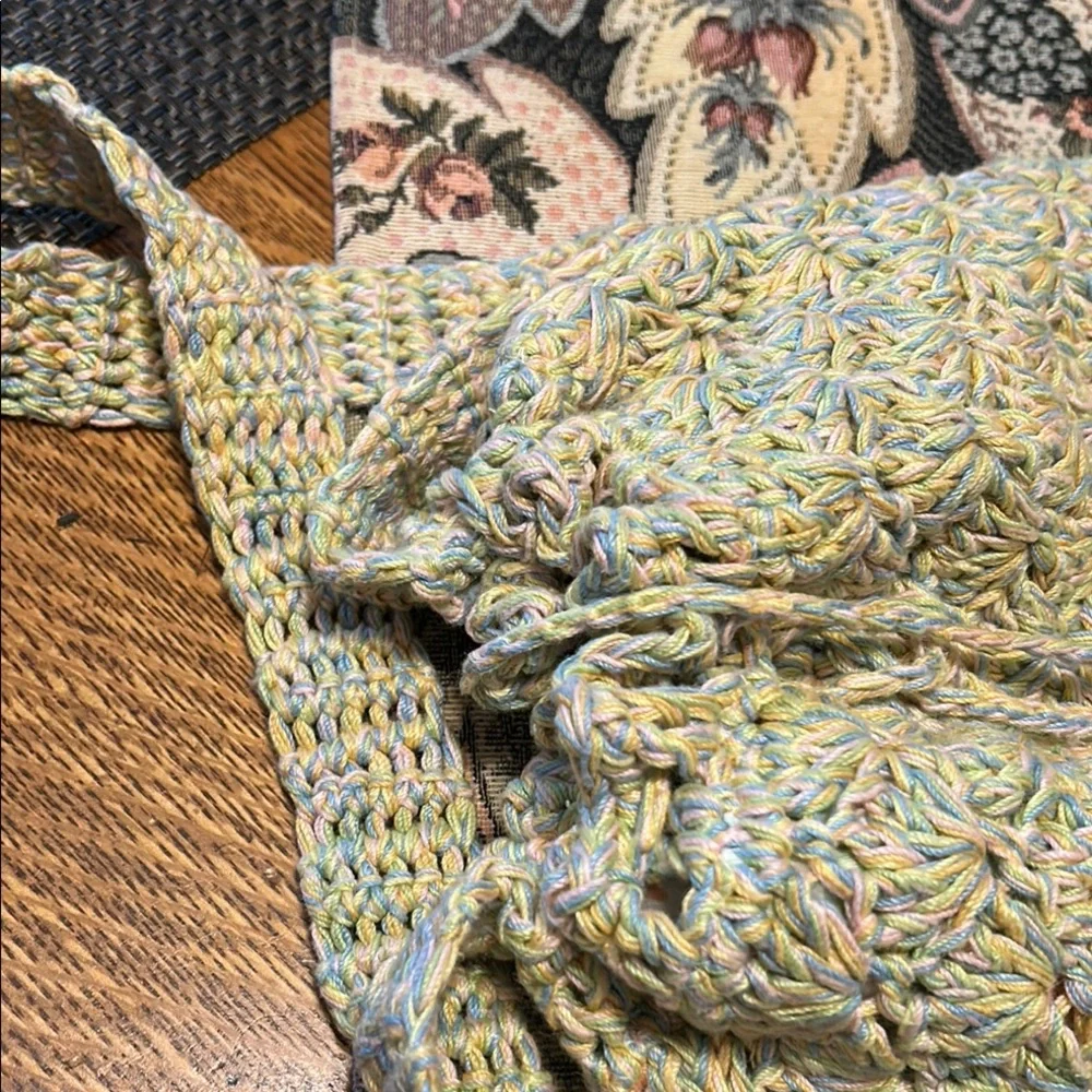 Handcrafted Cross Body Crochet Woven Shoulder Bag - Green Blue Pink and Yellow - Picture 7 of 10